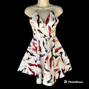 Depri Mini Dress Full Skirt Spaghetti Straps V Neck High Heel Print Womens S
